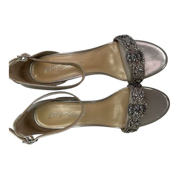 Betsey Johnson Mel Silver Rhinestone Embellished Block Heel Ankle Strap Sandals - Picture 6 of 8